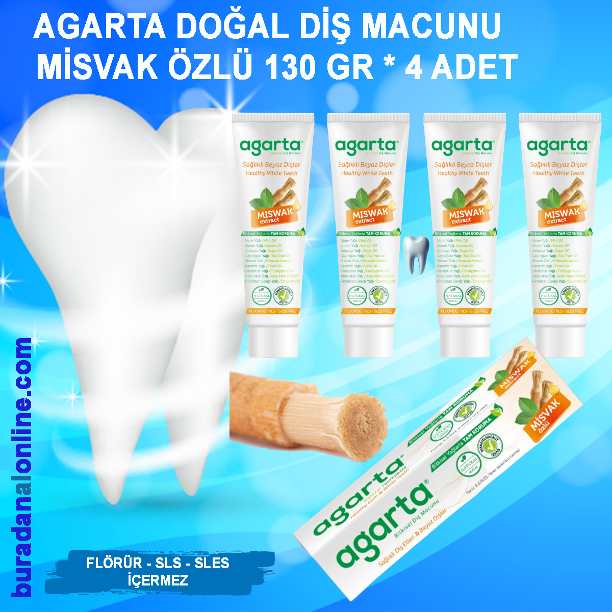 Agarta Doğal Misvak Özlü Florürsüz Beyazlatıcı Diş Macunu  130gr * 4 Adet